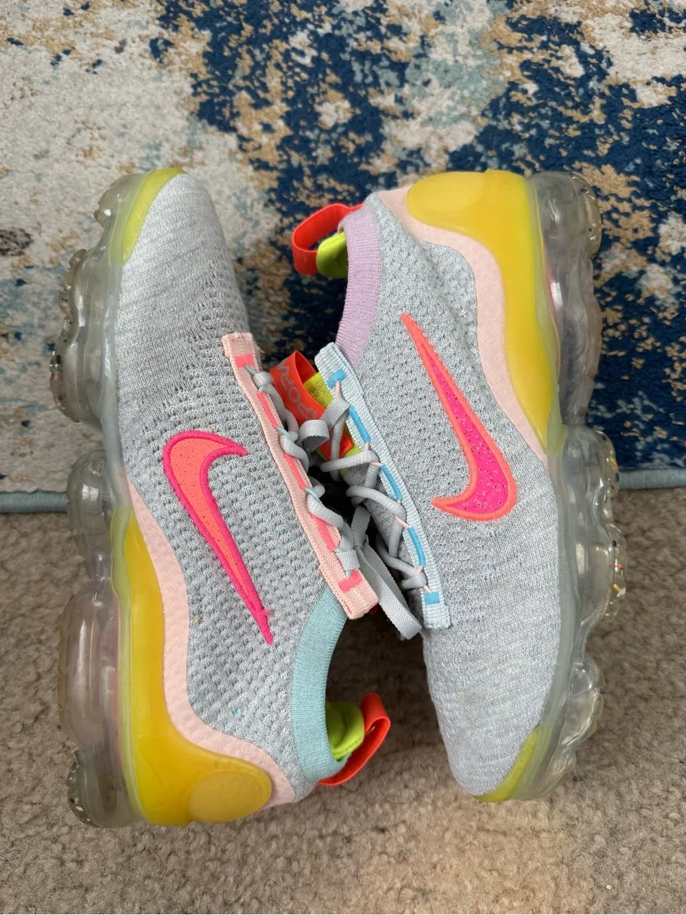 Nike Air Vapormax Grey Knit Sneakers with Pink Swoosh and Yellow Soles